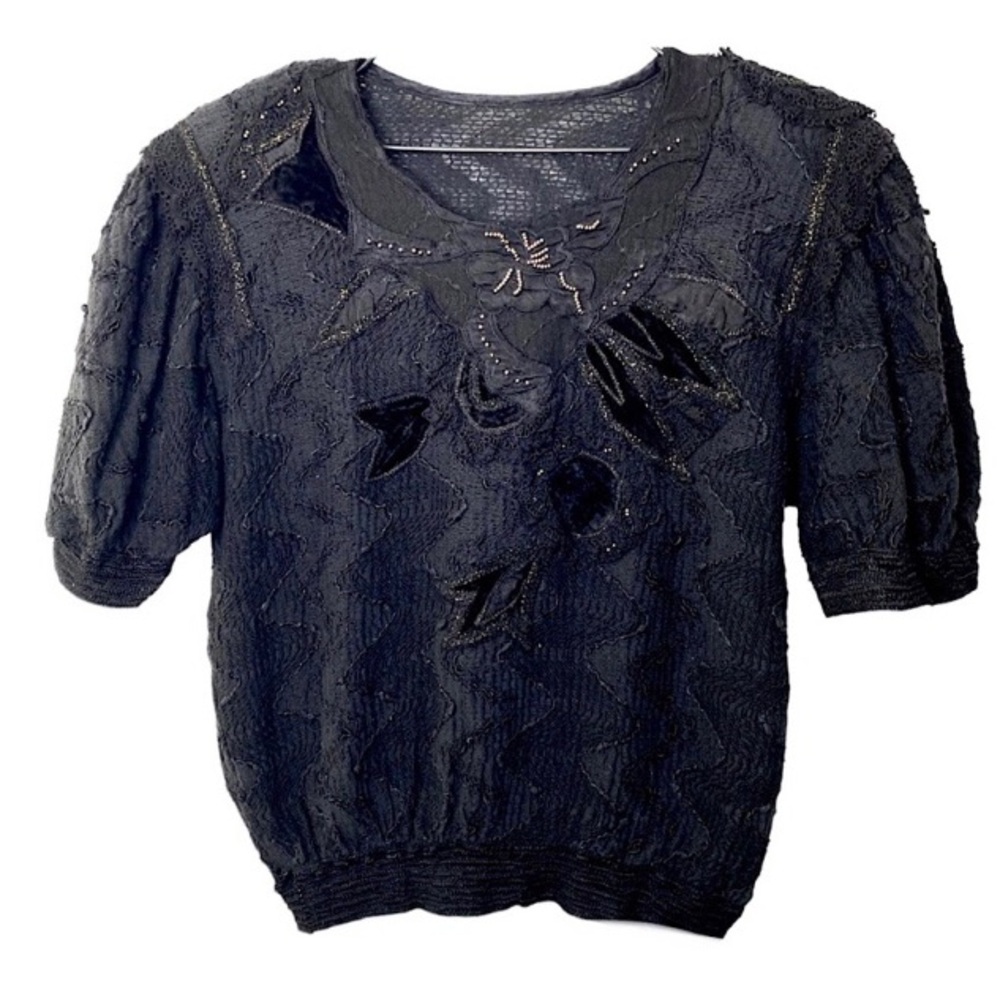 Vintage 80s Crop Open Knit Crochet Sweater Short Sleeve Patchwork Beads Black M